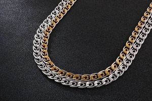 Close-up of 8mm embossed stainless steel chains in gold and silver metallic finishes