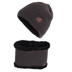 Winter brown knitted beanie and neck warmer set with maple leaf and thick fleece lining