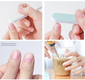 Macro detail of dual-sided nail buffer showing before and after shine results on nails