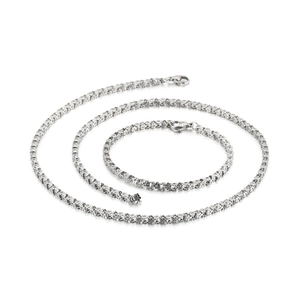 Polished silver stainless steel necklace and bracelet set with faceted chain links