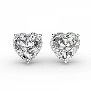 Elegant heart-shaped silver earrings with halo setting and clear cubic zirconia stones