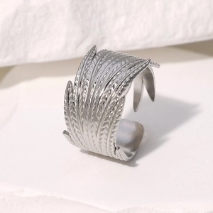 Adjustable silver feather-textured stainless steel wide band ring for women