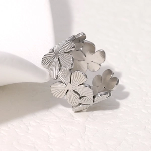 Floral stainless steel open ring in silver finish with detailed flower petals design