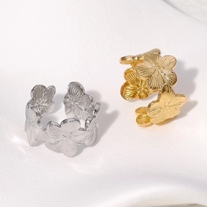 Adjustable floral stainless steel open ring in gold and silver with brushed texture