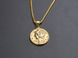 Close-up of golden Liberty 1944 coin pendant necklace with a detailed box chain