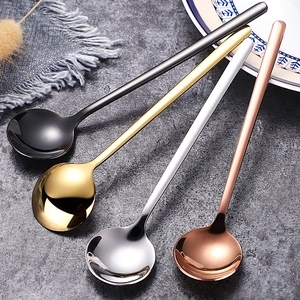 Polished stainless steel round coffee spoons set in black, gold, silver, and rose gold