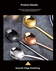 Detail view of round 304 stainless steel spoons in gold, silver, black, and rose gold