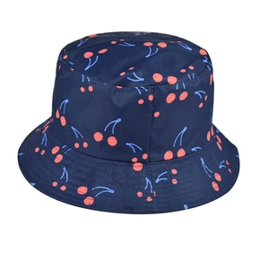 Detail of pink cherry pattern and reinforced stitching on dark blue bucket hat