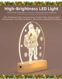Detail of 3D LED Christmas night light with engraved Santa Claus on acrylic panel