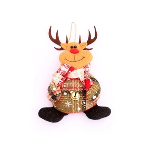 Christmas reindeer fabric ornament with bell and red scarf hanging on a white background