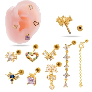 Ear Cartilage Rings Studs Stainless Steel Zircon Inlaid Screw Back Heart Star Butterfly Cross Dangle Long Chain Piercing Jewelry