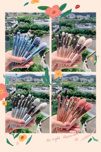 Close-up of 8-piece portable makeup brush set in four colors with soft dense bristles