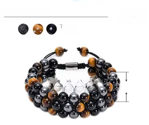 Detail view of 8mm triple-layer woven bracelet with tiger eye, lava stone and onyx beads