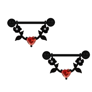 Black steel nipple ring with red heart gemstone and rose flower dangle jewelry