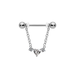 Macro detail of heart-shaped zircon and delicate silver chains on stainless steel nipple ring