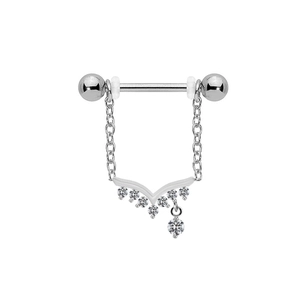 Macro shot of silver stainless steel barbell nipple ring with V-shaped crystal fringe chain