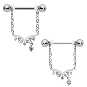 Silver nipple ring pair with V-shaped crystal frame and hanging tassel chain detail