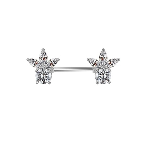 Detail showing polished stainless steel nipple barbell with marquise cubic zirconia petals