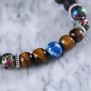 Natural tiger eye and volcanic stone beaded bracelet for men with silver alloy spacers