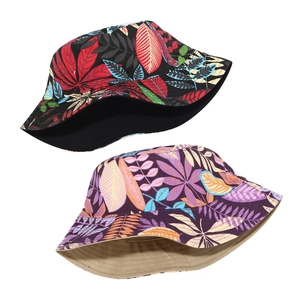 Women tropical floral print reversible canvas bucket hat for outdoor beach sun protection