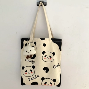 Süße Panda Segeltuch Tasche Große Kapazität Reißverschluss Schulterhandtasche Mit Plüschanhänger Kawaii Grafik Lässig