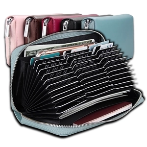 Detail of multi-color RFID leather wallet showing internal card slots and compartments