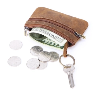 Retro brown crazy horse leather coin purse with double zippers and metal keychain ring