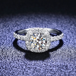 Detailed close-up of a square halo moissanite ring in S925 sterling silver with pavé setting