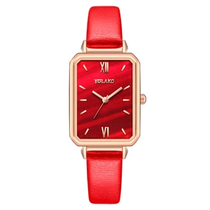 Elegant women's rectangular quartz watch with red leather strap and rose gold case