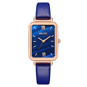 Elegant women's square quartz watch with rose gold case and blue marble dial