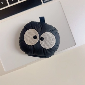Cute black plush soot sprite phone socket stand with large embroidered eyes design