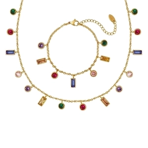 Gold necklace and bracelet set with colorful square and round zircon gemstones