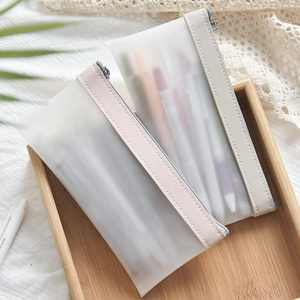 Minimalist large capacity translucent frosted pencil case with zipper and PU leather trim