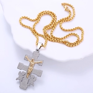 Collana a croce ortodossa bicolore in acciaio inossidabile con rilievo di Gesù e catena