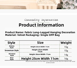 Detailed size specifications for fabric Santa snowman and reindeer Christmas tree ornaments
