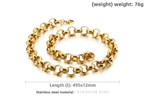 Detailed view of polished 12mm gold stainless steel rolo chain with 76g weight specs