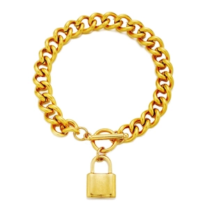 Detail of gold Cuban link chain bracelet with OT toggle clasp and rectangle padlock pendant