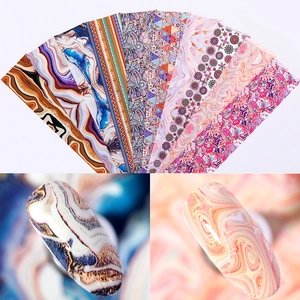 Rainbow marble and floral nail art foil stickers set with multi-pattern designs