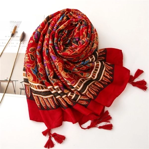 Ethnic bohemian style red large cotton linen scarf with floral print and tassels