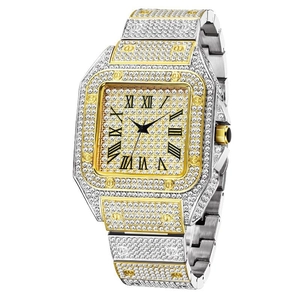 Macro shot of iced-out square gold watch with Roman numerals and full crystal inlay