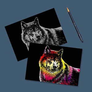 Kit de papier à gratter coloré motif loup avec stylet pour dessin créatif DIY