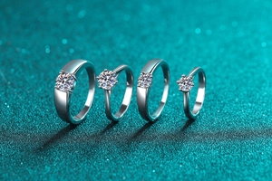 Macro shot of S925 sterling silver moissanite rings with sparkling brilliant cut stones