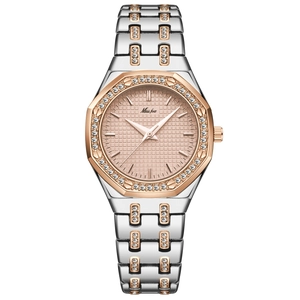 Luxury women's quartz watch with rose gold octagonal diamond bezel and two-tone strap
