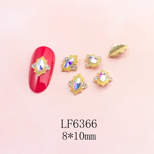 Macro detail of 8x10mm horse-eye colorful rhinestone nail charm with gold alloy base