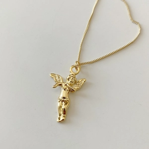 Minimalist 925 sterling silver angel pendant necklace in polished golden finish