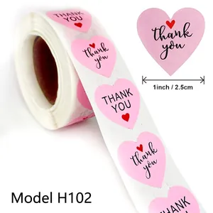Pink heart Thank You stickers roll 1 inch round labels for wedding and gift packaging