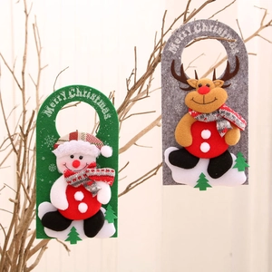 Cartoon Christmas door hangers with snowman and reindeer designs in felt fabric