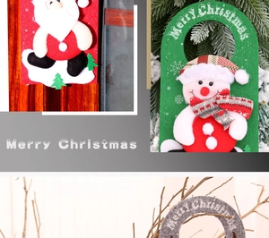 Detail showing Santa and snowman door hangers in various home decoration scenarios