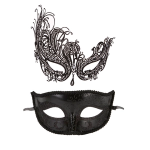 Set of two black masquerade masks featuring hollow metal design and shiny rhinestone details
