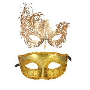 Set of two gold Venetian masks with hollow metal lace and glittery embossed details